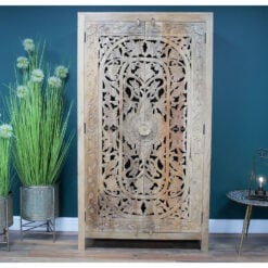 Boho Rustic Solid Light Mango Wood Carved Large Tall Cabinet Wardrobe 180cm