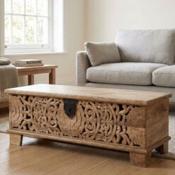 Boho Rustic Solid Light Mango Wood Carved Trunk Coffee Table Storage Bench