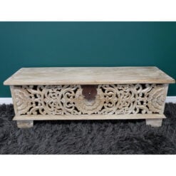 Boho Rustic Solid Light Mango Wood Carved Trunk Coffee Table Storage Bench