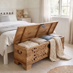 Boho Rustic Solid Light Mango Wood Carved Trunk Coffee Table Storage Bench