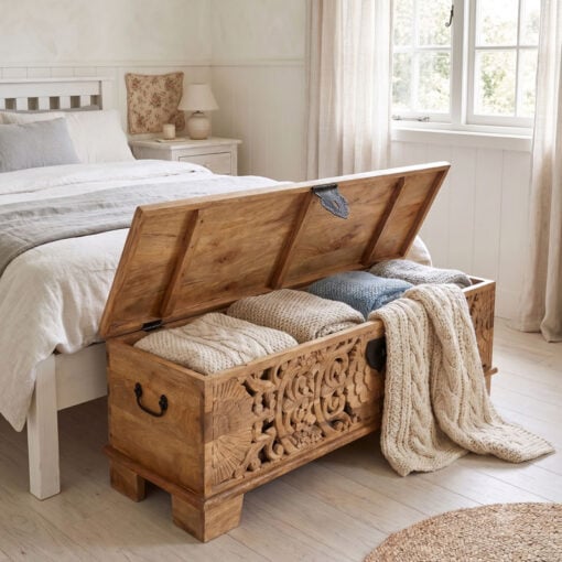 Boho Rustic Solid Light Mango Wood Carved Trunk Coffee Table Storage Bench