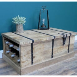 Boho Rustic Solid Light Mango Wood Trunk Coffee Table With Wine Rack