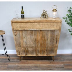 Boho Rustic Solid Mango Light Wood And Gold Metal Bar Drinks Cabinet