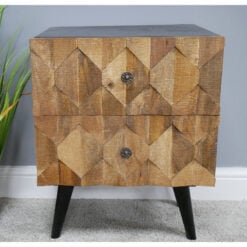 Boho Rustic Solid Mango Wood And Black Metal 2 Drawer Carved Bedside Cabinet Table