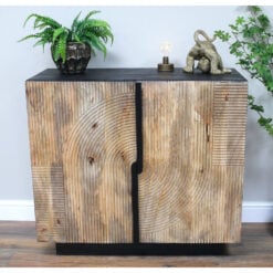 Boho Rustic Solid Mango Wood And Black Metal Carved Bar Drinks Cabinet