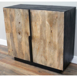 Boho Rustic Solid Mango Wood And Black Metal Carved Bar Drinks Cabinet