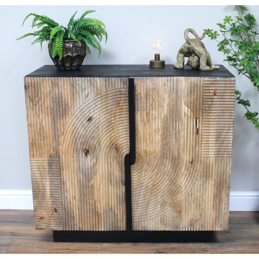 Boho Rustic Solid Mango Wood And Black Metal Carved Bar Drinks Cabinet