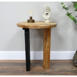 Boho Rustic Solid Mango Wood And Black Metal Round Side Table