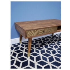 Boho Rustic Solid Mango Wood And Gold Metal 2 Tier 1 Drawer Coffee Table