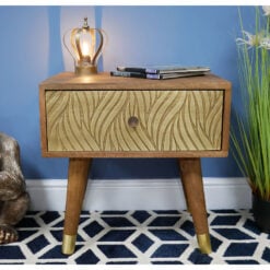 Boho Rustic Solid Mango Wood And Gold Metal Carved 1 Drawer Bedside Cabinet