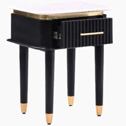 Boho Solid Black Mango Wood And Gold Metal Bedside Cabinet With White Marble Top