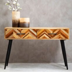 Boho Solid Mango Wood And Black Metal 2 Drawer Console Table Dressing Table Desk