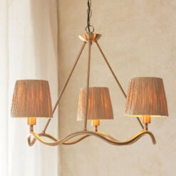 Brushed Gold Brass Metal Wriggle 3 Light Ceiling Pendant Chandelier With Raffia Shades 60cm