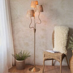 Brushed Gold Brass Metal Wriggle 3 Light Floor Lamp With Raffia Shade 156cm