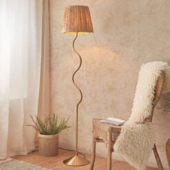 Brushed Gold Brass Metal Wriggle Floor Lamp With Raffia Shade 150cm