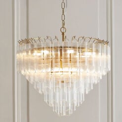 Brushed Gold Metal And Clear Ribbed Glass Tubes Tiered Ceiling Pendant Chandelier 50cm