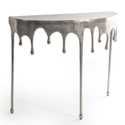 Dali Antique Silver Metal Abstract Drip Half Moon Slim Console Table