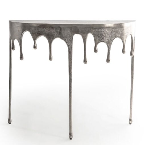 Dali Antique Silver Metal Abstract Drip Half Moon Slim Console Table