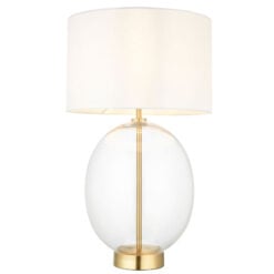 Gold Brass Metal And Oval Glass Step Dimmable Table Lamp With Vintage White Fabric Shade 57cm