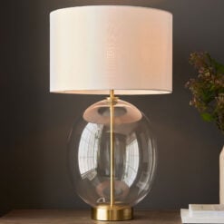 Gold Brass Metal And Oval Glass Step Dimmable Table Lamp With Vintage White Fabric Shade 57cm