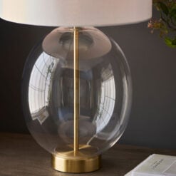 Gold Brass Metal And Oval Glass Step Dimmable Table Lamp With Vintage White Fabric Shade 57cm