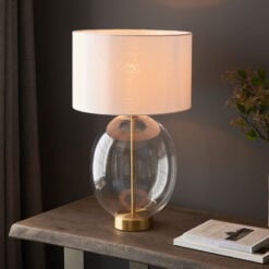 Gold Brass Metal And Oval Glass Step Dimmable Table Lamp With Vintage White Fabric Shade 57cm