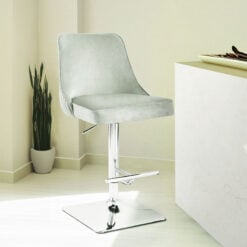 Grey Velvet And Chrome Metal Bar Stool With Chrome Square Knocker