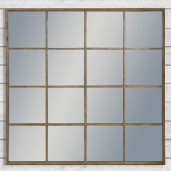 Industrial Antique Gold Metal Square Panelled Wall Mirror 110cm