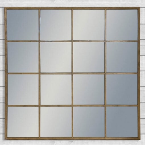 Industrial Antique Gold Metal Square Panelled Wall Mirror 110cm