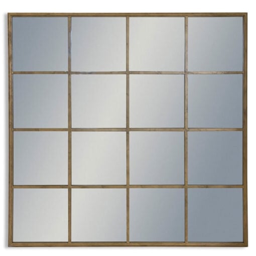 Industrial Antique Gold Metal Square Panelled Wall Mirror 110cm