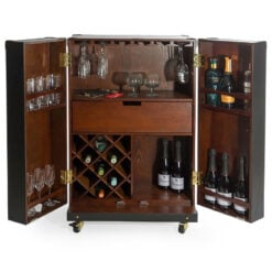 Industrial Black Leather Steamer 2 Door Bar Cabinet With Wheels 112cm