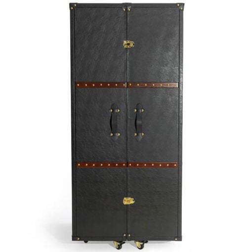 Industrial Black Leather Steamer 2 Door Extra Large Bar Cabinet With Wheels 160cm