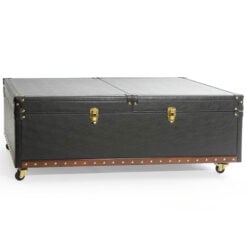 Industrial Black Leather Steamer Trunk Coffee Table With Wine Storage And Wheels