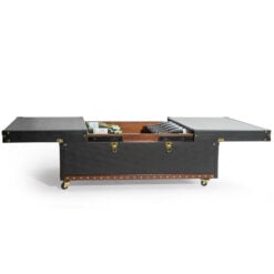 Industrial Black Leather Steamer Trunk Coffee Table With Wine Storage And Wheels