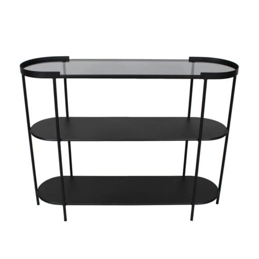 Industrial Black Metal And Grey Glass Three Tier Slim Oval Console Table