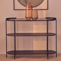 Industrial Black Metal And Grey Glass Three Tier Slim Oval Console Table