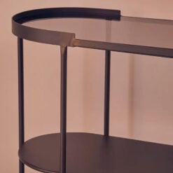 Industrial Black Metal And Grey Glass Three Tier Slim Oval Console Table