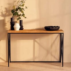 Industrial Black Metal Console Table With Solid Parquet Wood Top 120cm