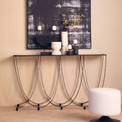 Industrial Black Metal Overlapping Curves Frame Slim Console Table With Black Glass Top