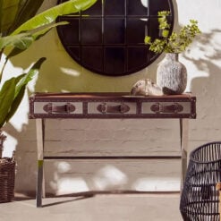 Industrial Chrome Metal And Genuine Cowhide Leather Console Table