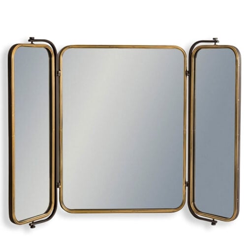 Industrial Large 3 Fold Antique Gold Metal Wall Mirror 120cm