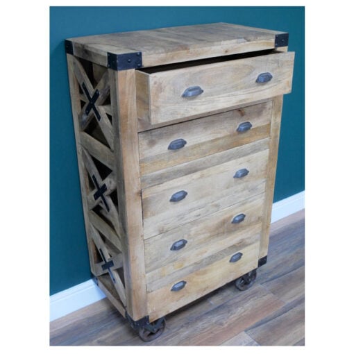 Industrial Rustic Solid Light Mango Wood Chest Of Drawers With Wheels