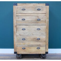 Industrial Rustic Solid Light Mango Wood Chest Of Drawers With Wheels