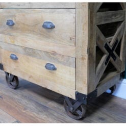 Industrial Rustic Solid Light Mango Wood Chest Of Drawers With Wheels