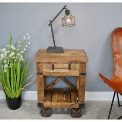 Industrial Rustic Solid Mango Wood 1 Drawer Bedside Cabinet Table With Wheels