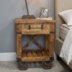 Industrial Rustic Solid Mango Wood 1 Drawer Bedside Cabinet Table With Wheels