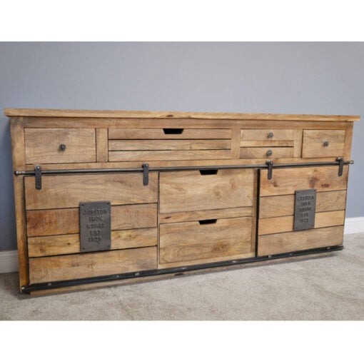 Industrial Rustic Solid Mango Wood And Black Metal Large Sideboard 179cm