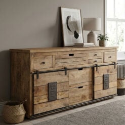 Industrial Rustic Solid Mango Wood And Black Metal Large Sideboard With 2 Sliding Doors And 7 Drawers 179cm