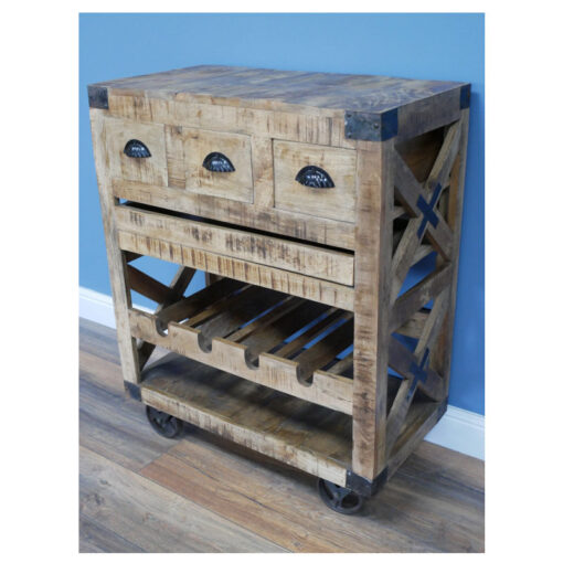 Industrial Rustic Solid Mango Wood And Black Metal Small Sideboard Cabinet With Wheels And Wine Rack