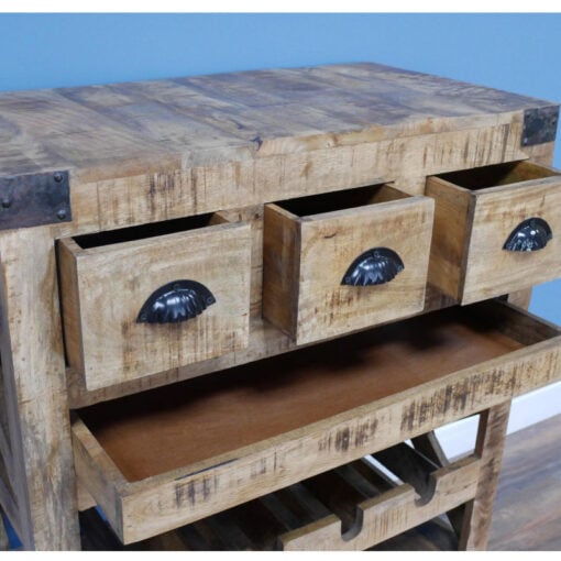 Industrial Rustic Solid Mango Wood And Black Metal Small Sideboard Cabinet With Wheels And Wine Rack